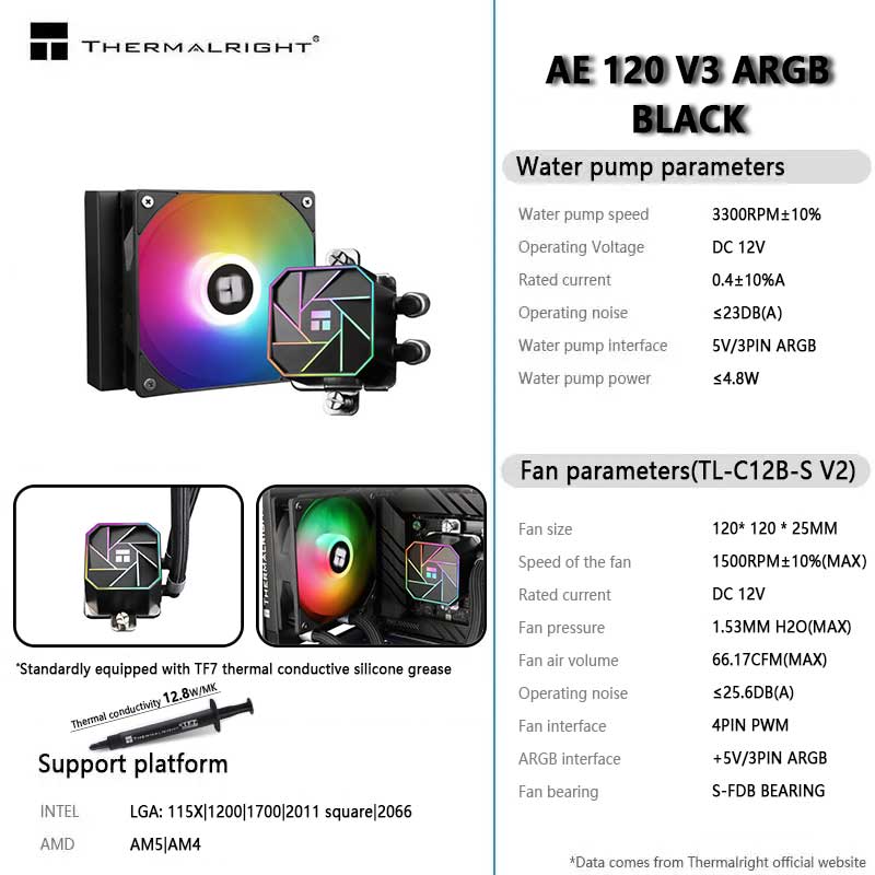 Aio Liquid Cooler - Thermalright-水冷ラジエーター,aio cpu,intel 1700,am5,v3,argb cpu,オールインワン,統合,120mm,aqua elite 120,v3